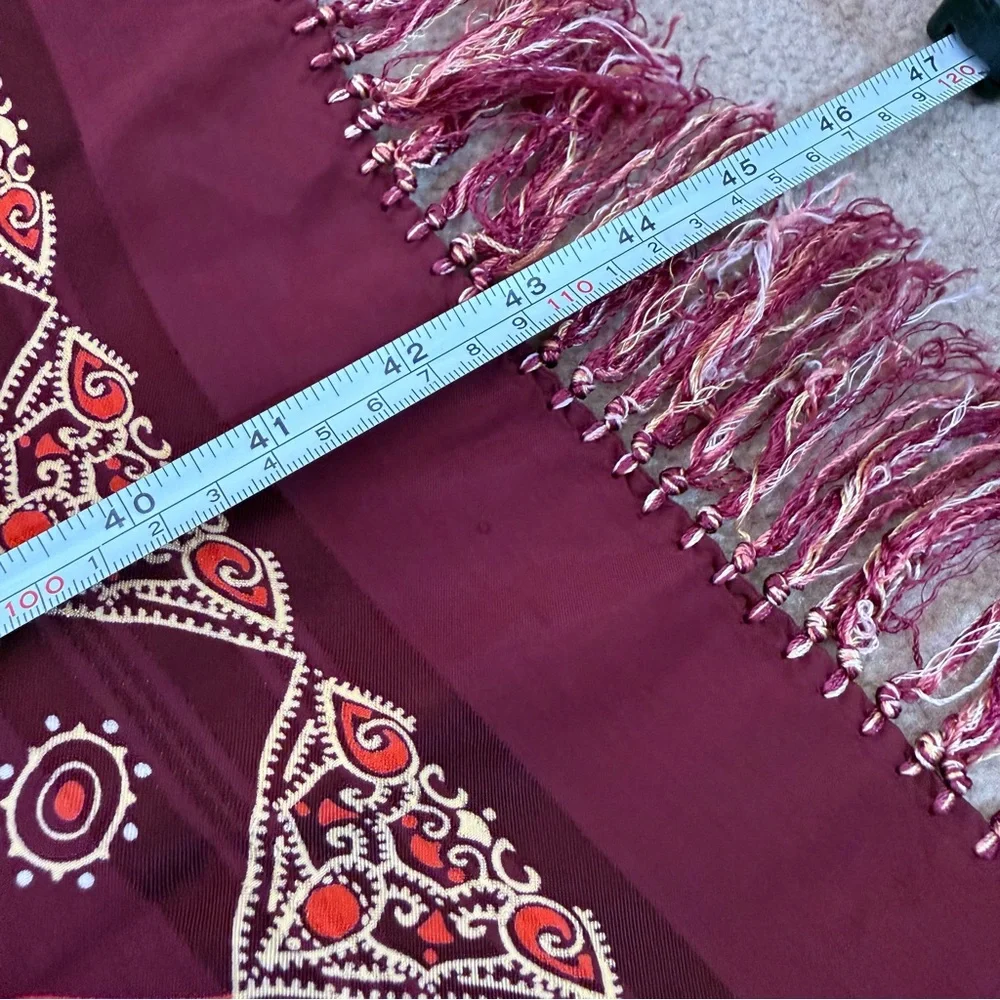 Vintage 1970’s Burgundy art deco Geometric Patterned Fringed Cravat Scarf